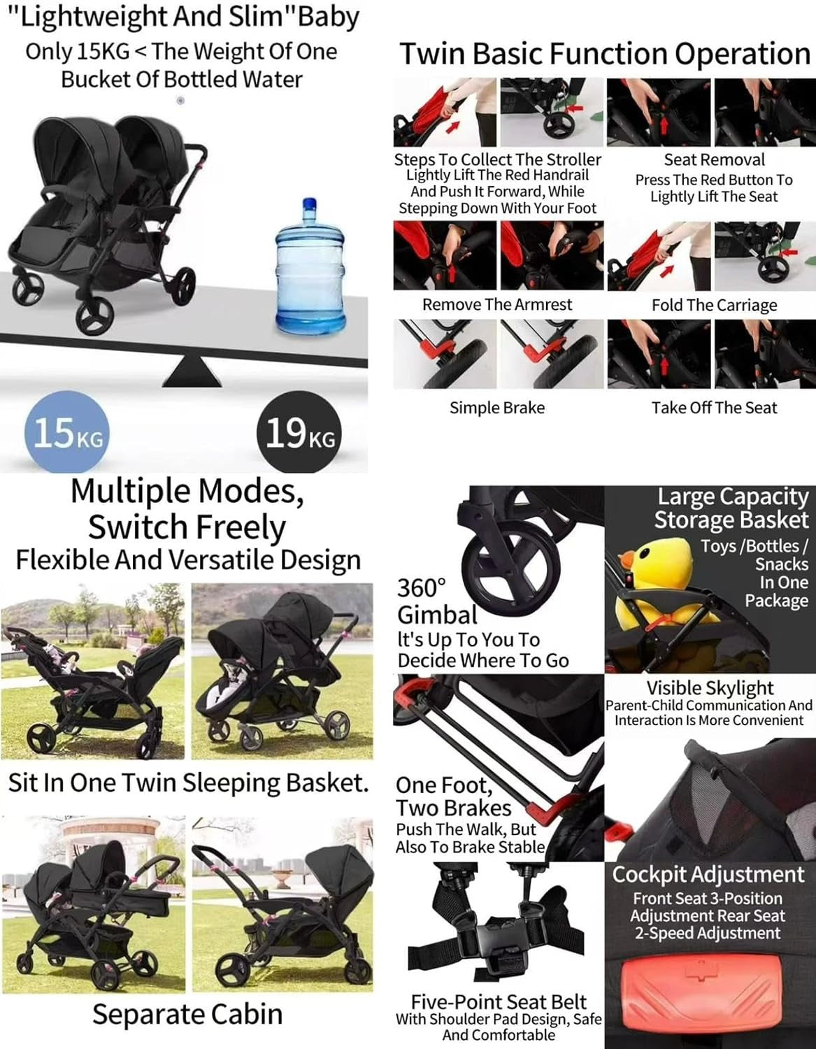 Twin Baby Pram 2 in 1 Double Pushchair Reversible From Birth to 22kg