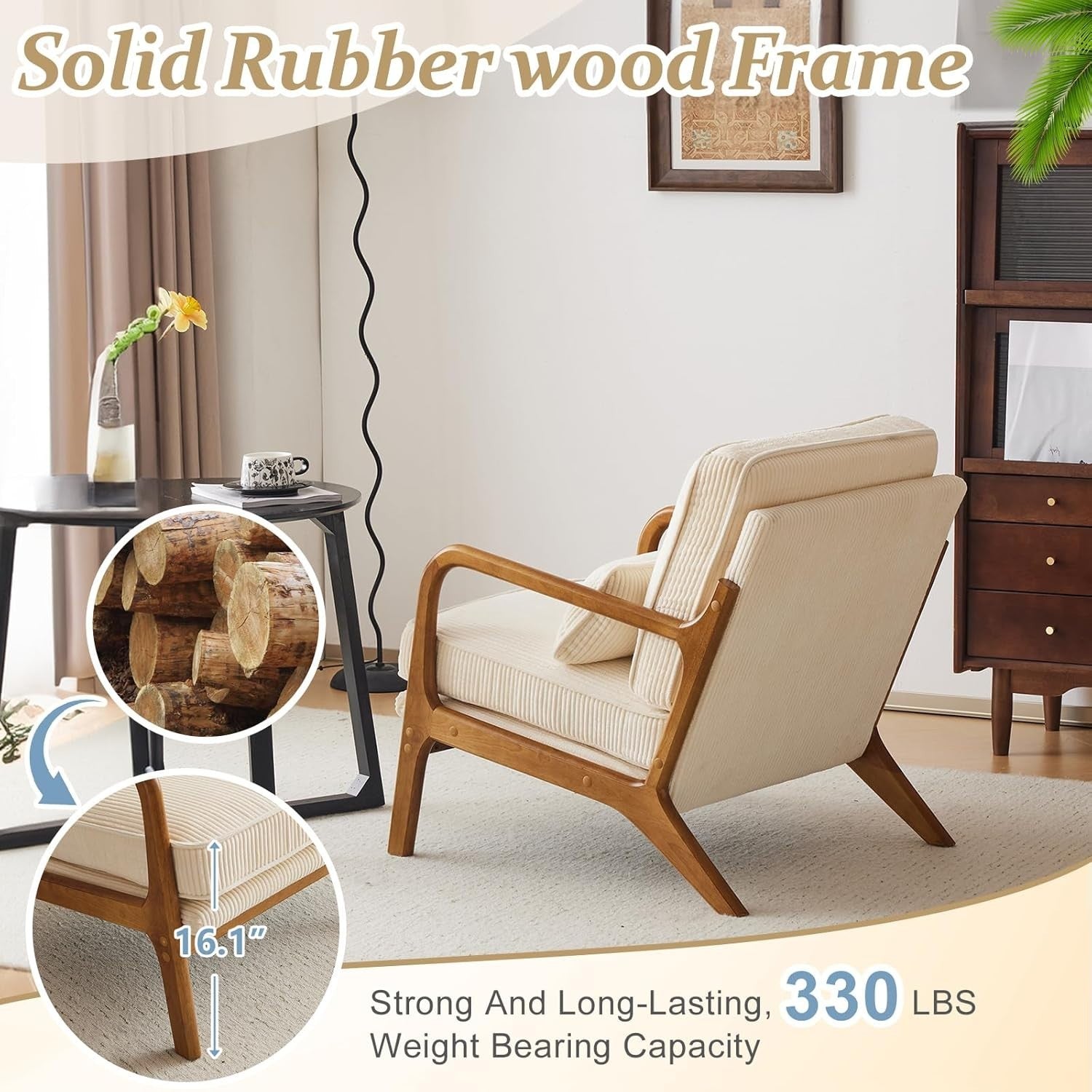 Corduroy Lounge Armchair with Lumbar Pillow | Oversized Solid Wood Frame