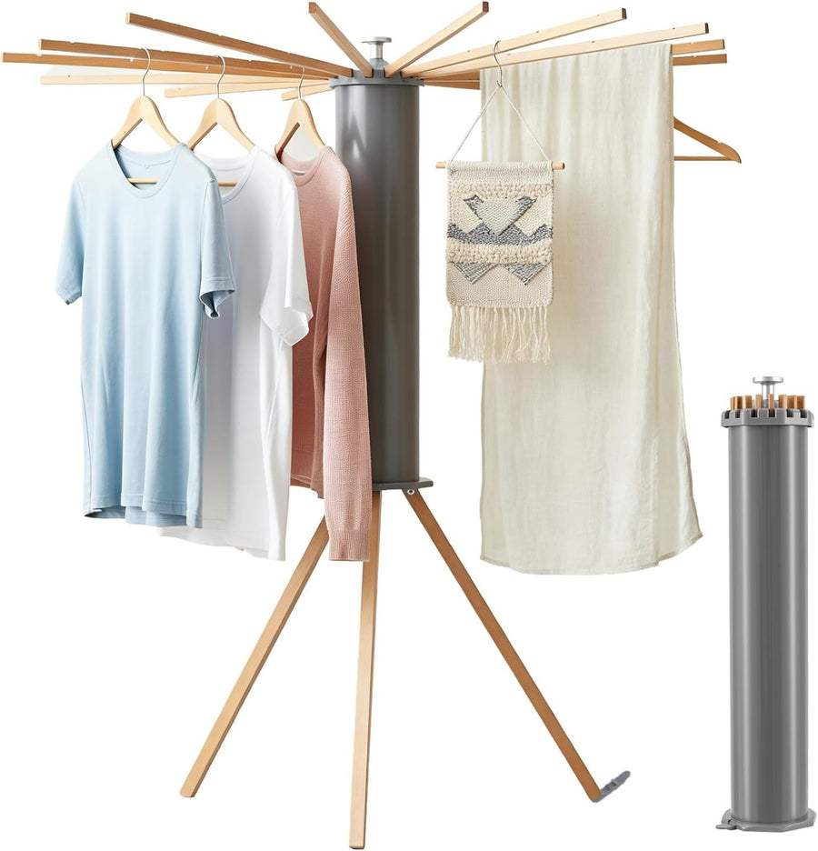 Wooden Clothes Airer Tripod Folding Laundry Drying Rack Portable Stand