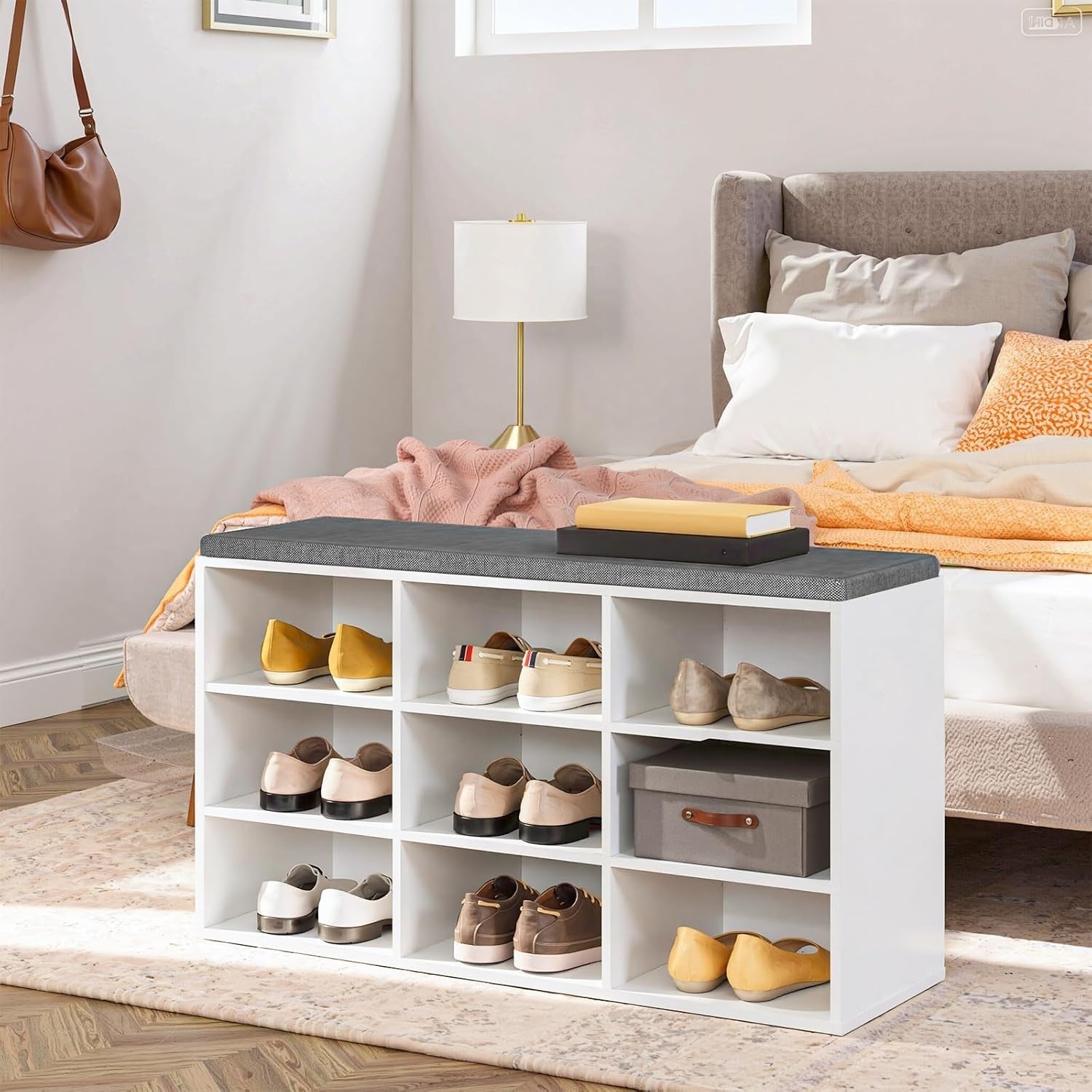 Shoe Storage Bench with Cushion & Hooks, 9 Cubbies, 80cm Hallway Unit