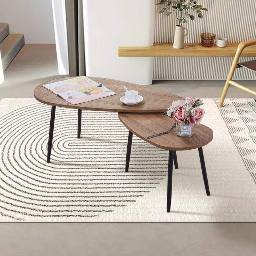 Walnut Triangle Coffee Table Set 2-Piece Modern Composite Top Metal Legs
