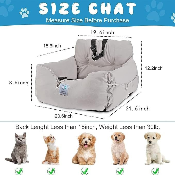 Dog Car Seat Booster Bed Travel Carrier Safety Leash Washable Grey