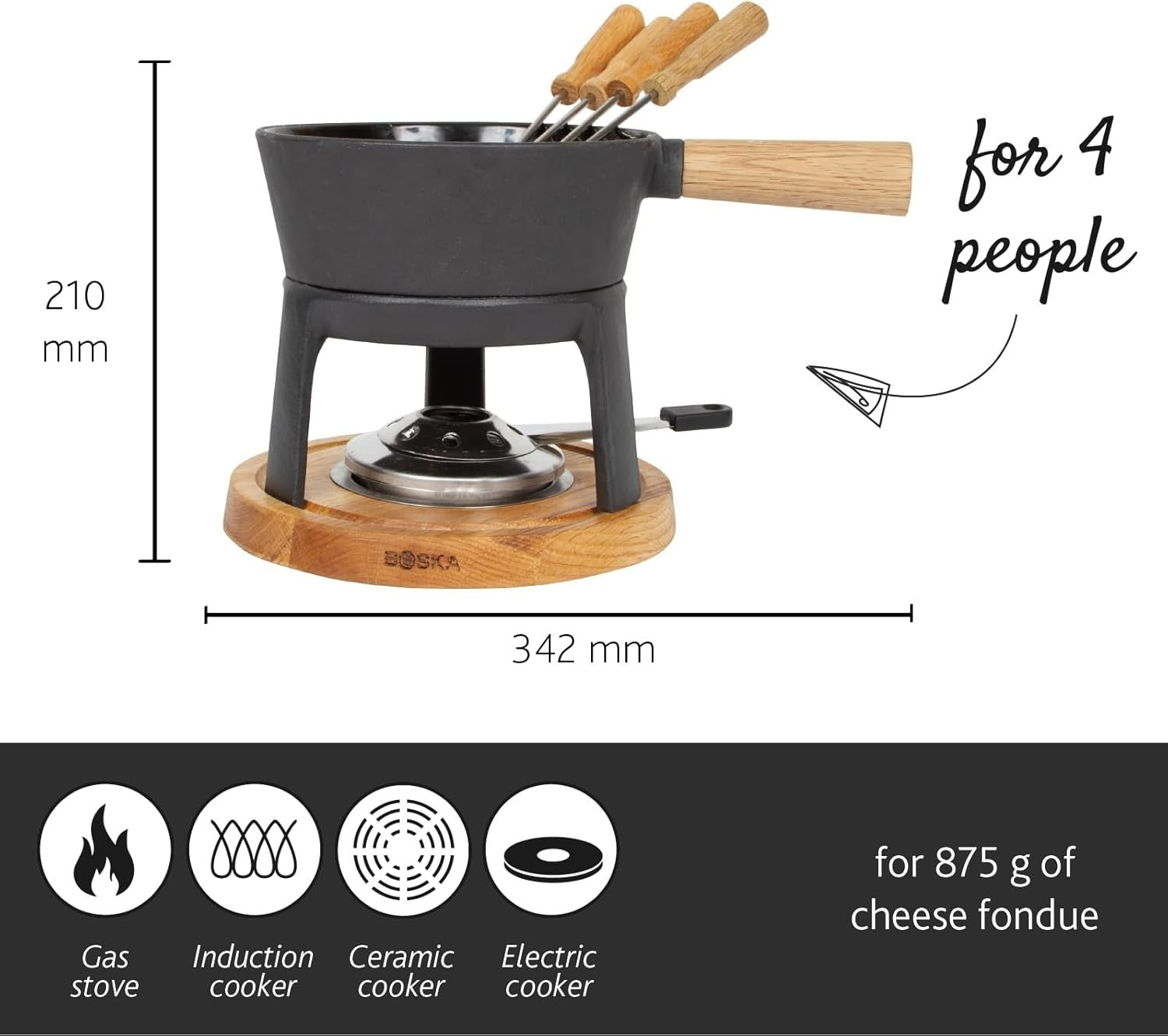 Cast Iron Cheese Fondue Set 1.2L Pot 4 Forks Tea Light Burner