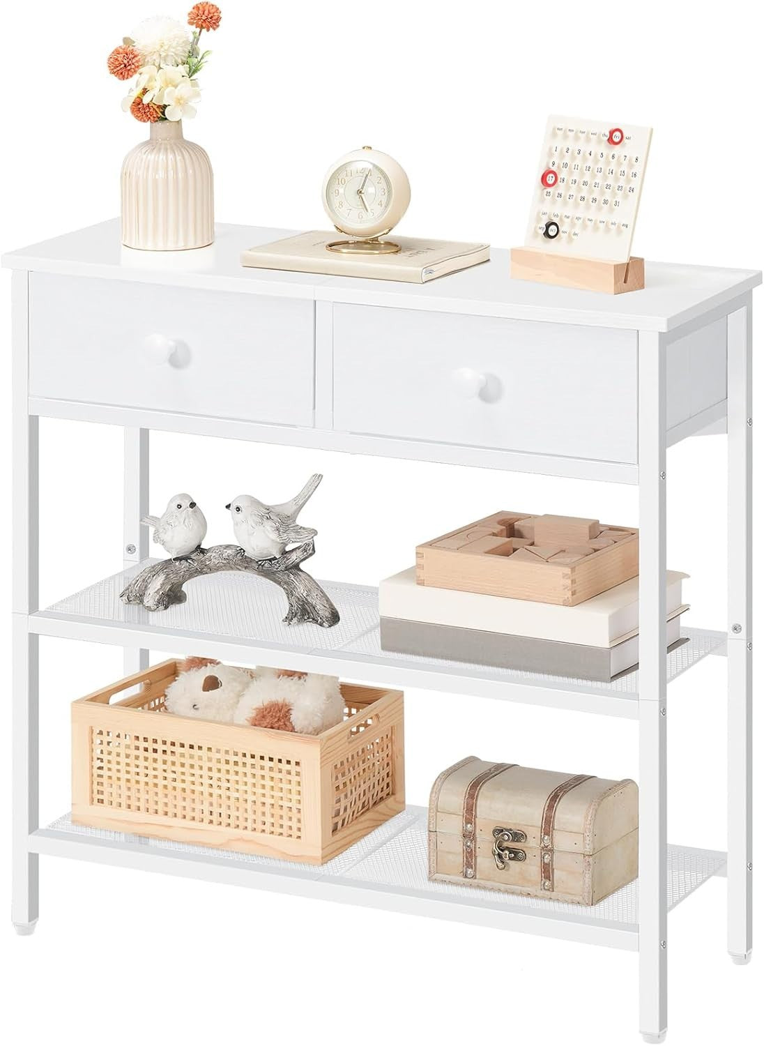 Slim White Console Table with 2 Drawers & Mesh Shelves – Space-Saving Storage