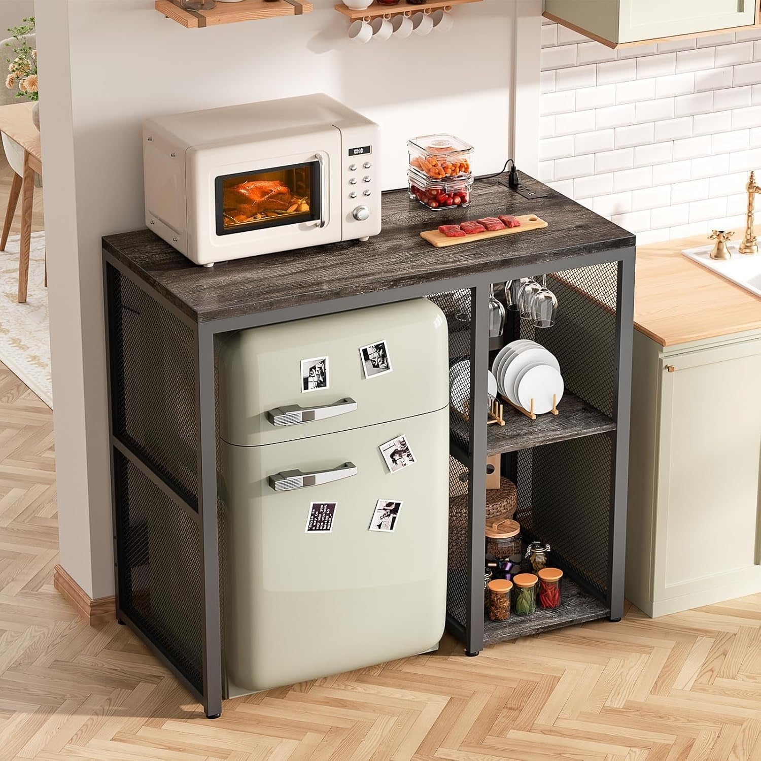 Mini Fridge Stand with Power Outlet, Wine Rack & Shelves