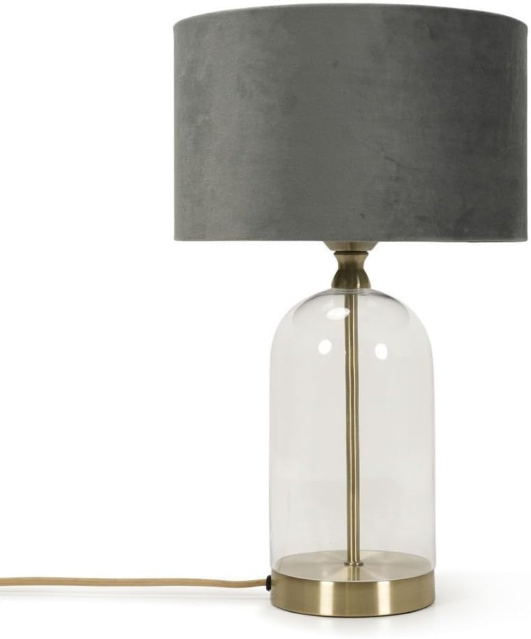 Gold Glass Table Lamp Grey Velvet Shade Bedside Desk Light Bulb Included