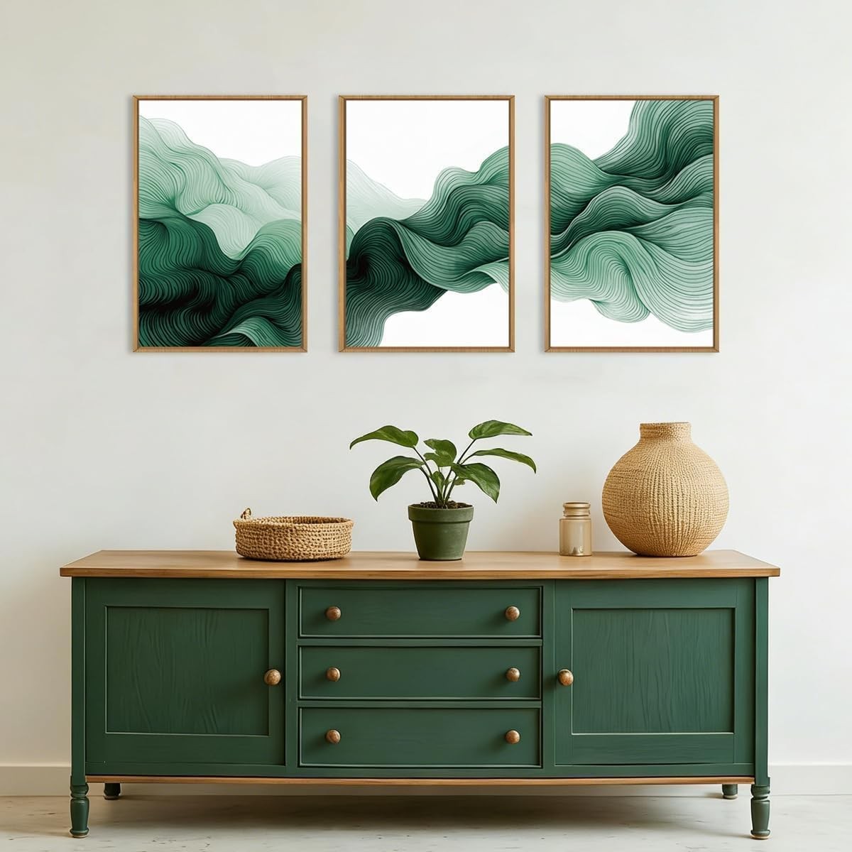Large Green Abstract Canvas Wall Art Set 3 Modern Minimalist Prints