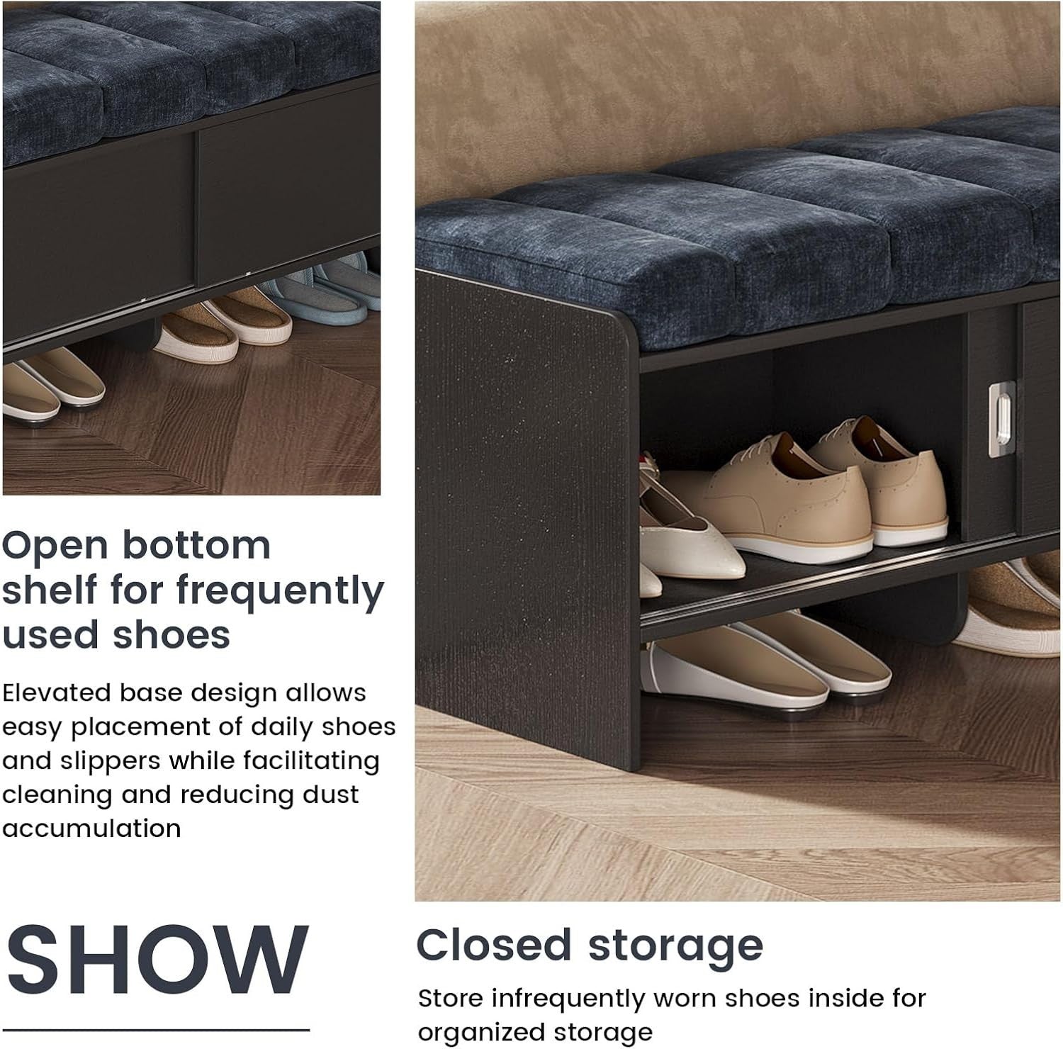 43.3" Modern Entryway Shoe Storage Bench with Sliding Doors, Blue
