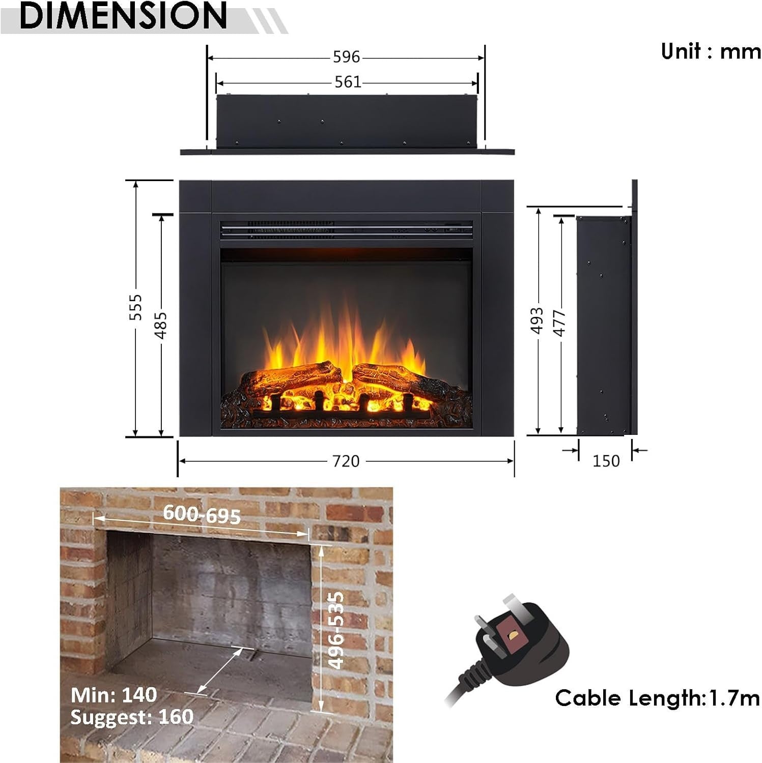 Built-In Electric Fireplace Insert 72cm LED Flame Heater Remote Control