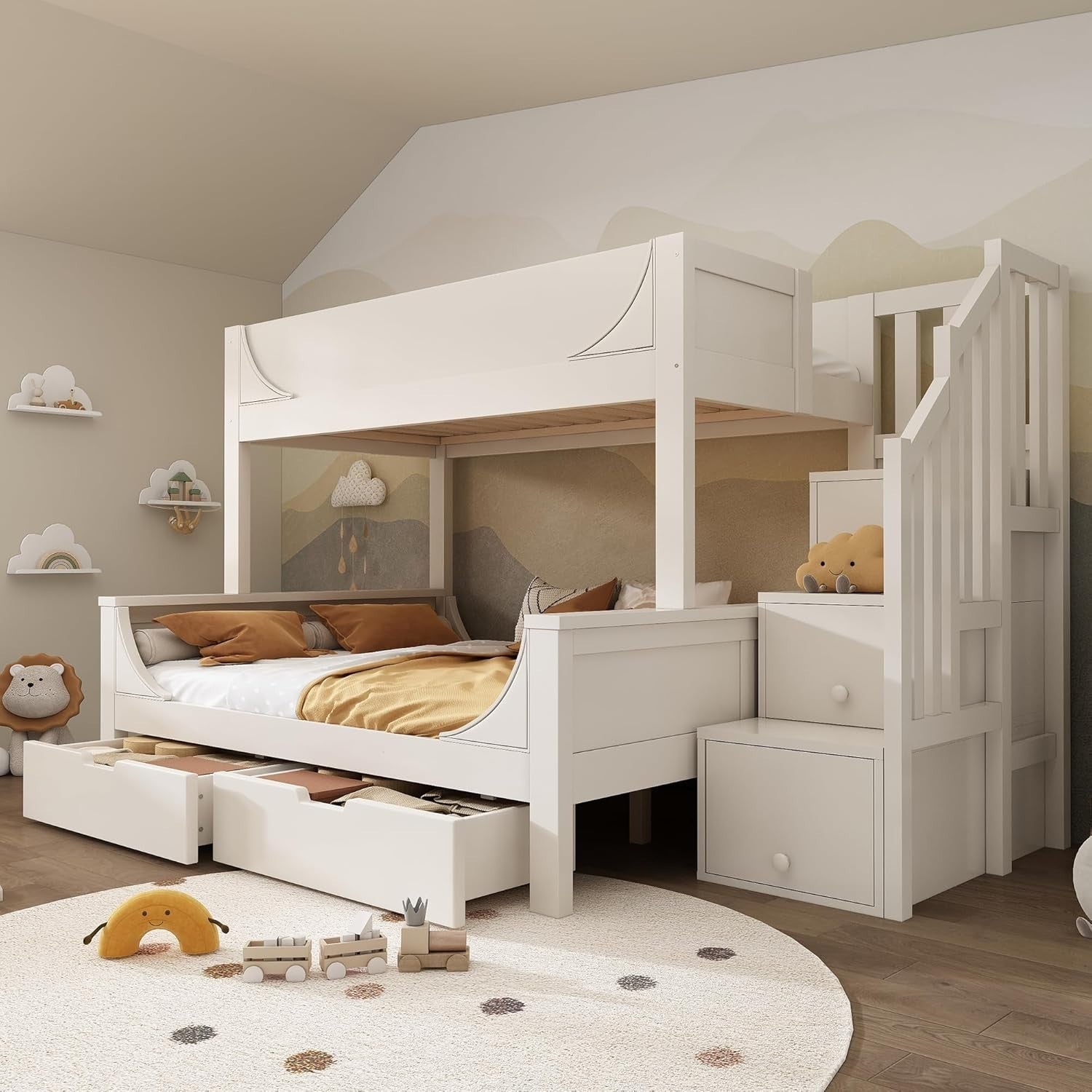 Space-Saving Double Bunk Bed with Storage Drawers & Stairs, Kids Safe