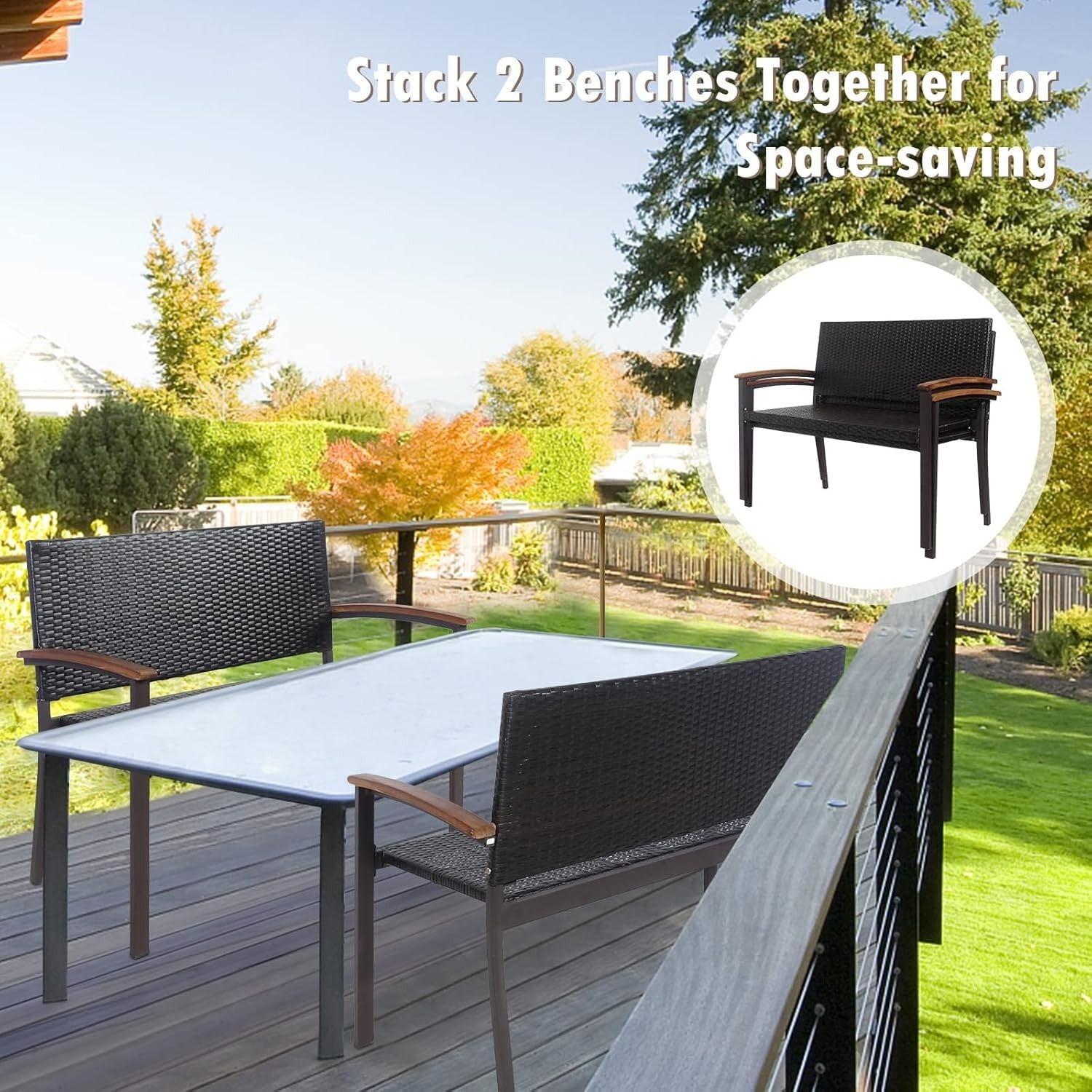 2 Seater Outdoor Rattan Garden Bench with Wood Armrests Patio Seating
