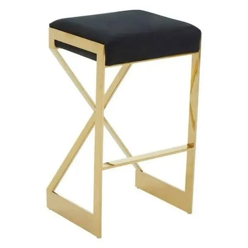 Black Velvet Bar Stool Gold Steel Frame Modern X-Leg Breakfast Chair