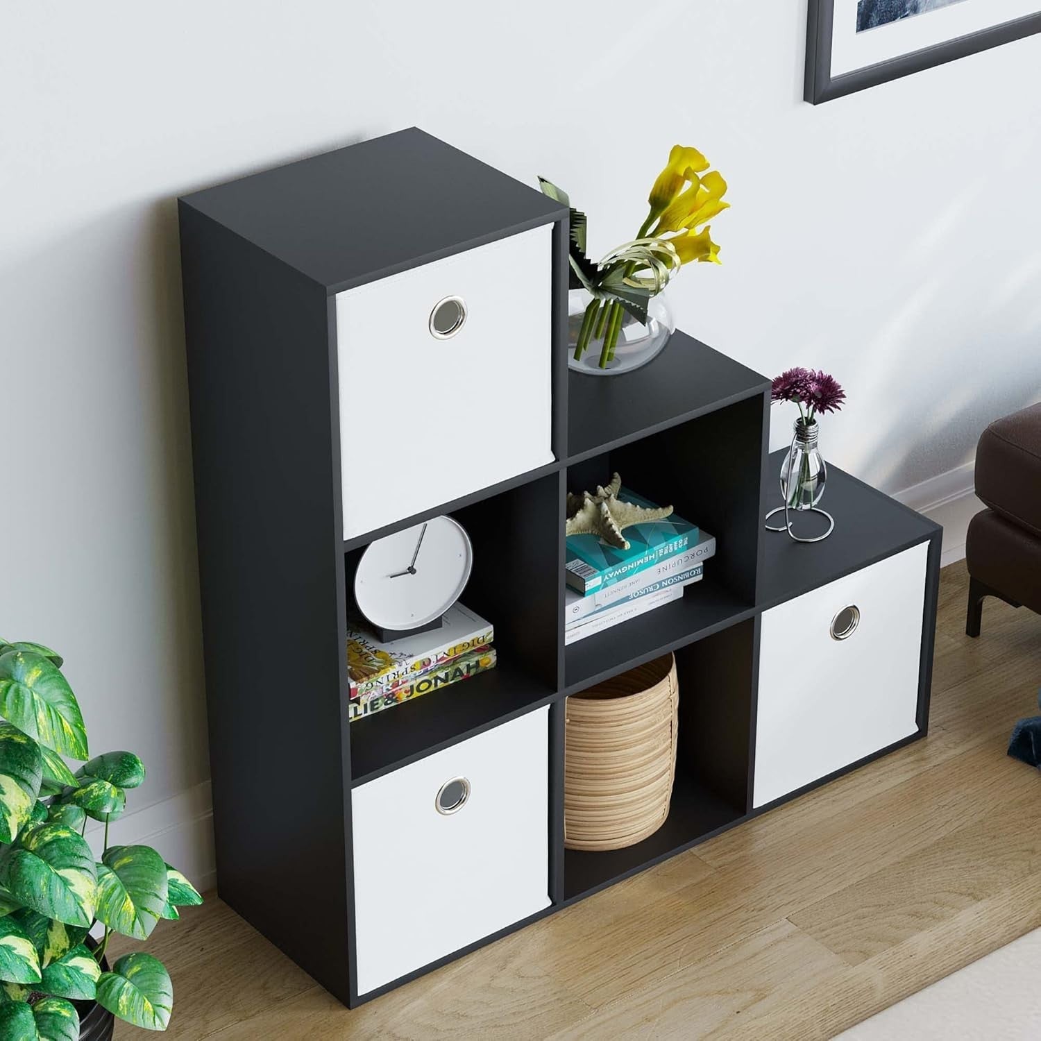 Black 6 Cube Staircase Storage Shelf + 3 White Baskets – Modern Bookcase Unit
