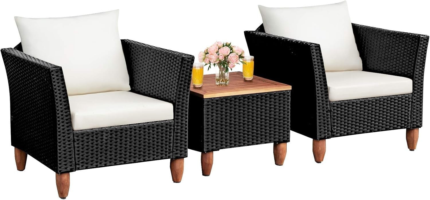 3pc Rattan Patio Set Garden Sofas w/ Cushions & Acacia Coffee Table