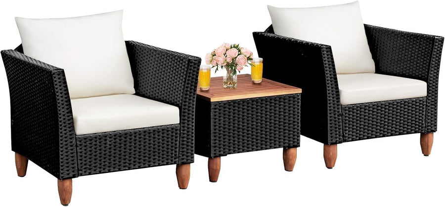 3pc Rattan Patio Set Garden Sofas w/ Cushions & Acacia Coffee Table