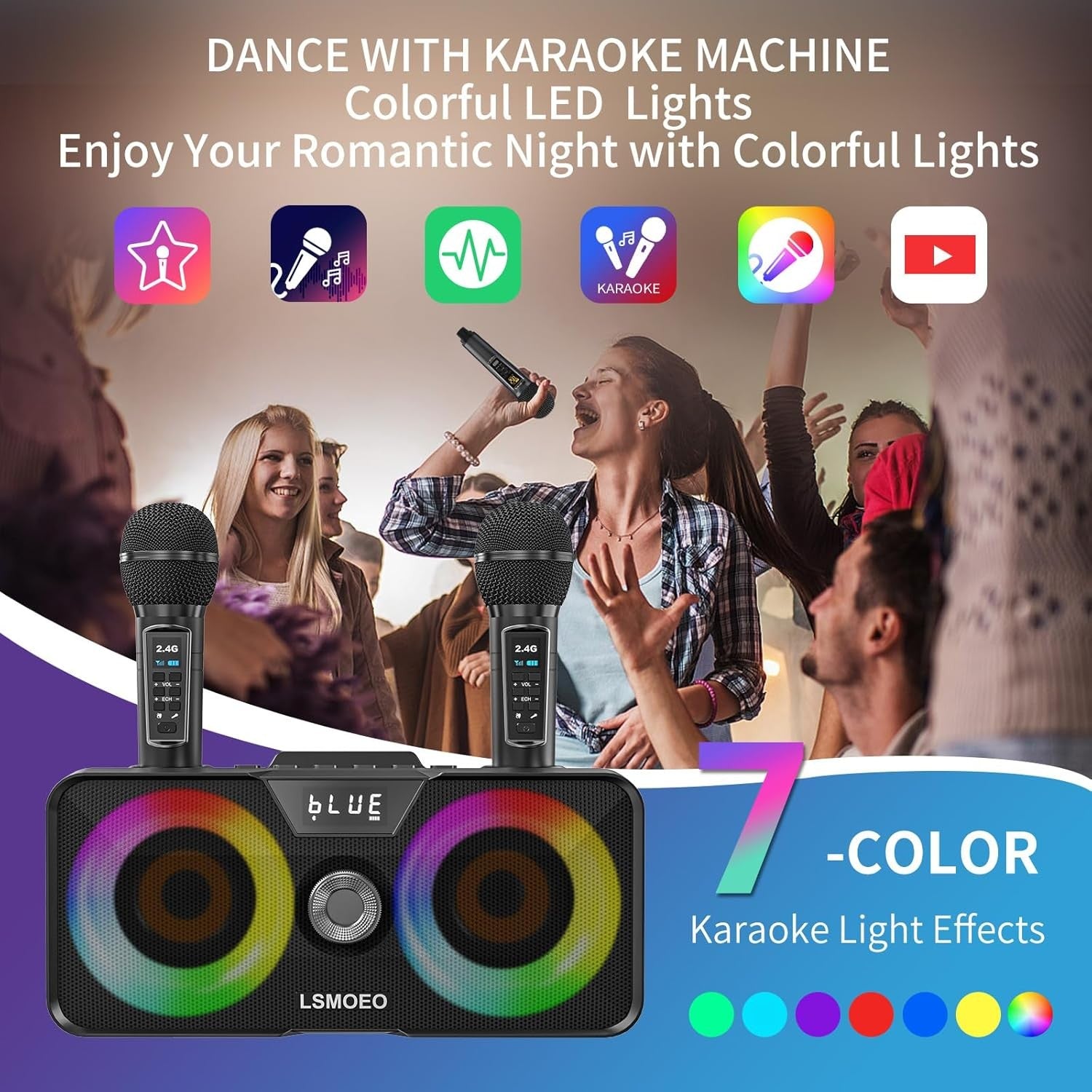 Karaoke Machine with 2 UHF Wireless Mics Bluetooth PA LED