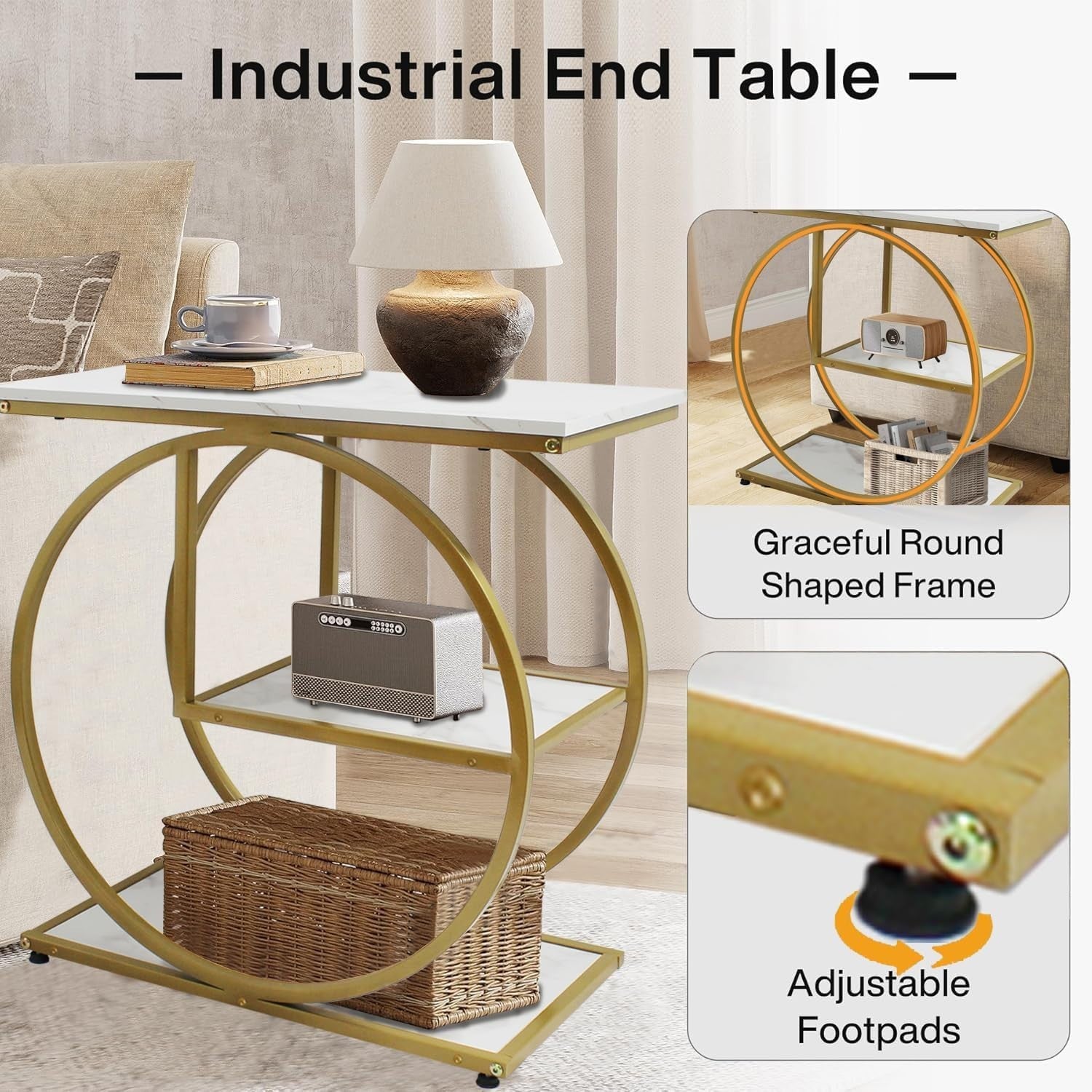 3-Tier Gold Side Table with Storage Shelves, Compact Modern Sofa End Table
