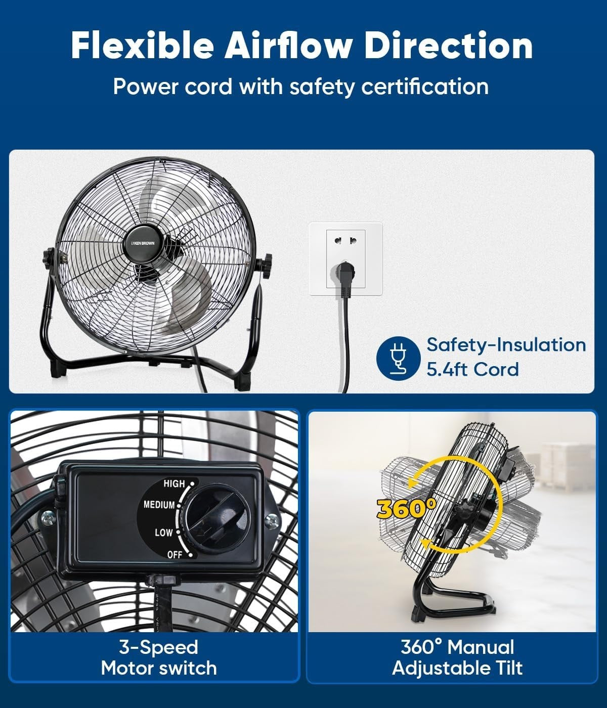 Black 6-Inch USB Desk Fan – 3-Speed Quiet Metal Cooling Fan for Office & Home