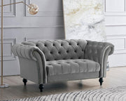 Grey Velvet Chesterfield 2 Seater Sofa Tufted Scroll Arm Couch
