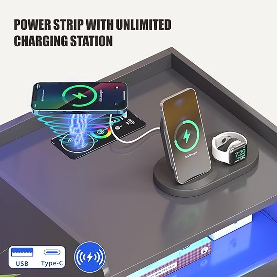 Grey LED Bedside Table with Charging Station, 3-Drawer Modern Nightstand Storage