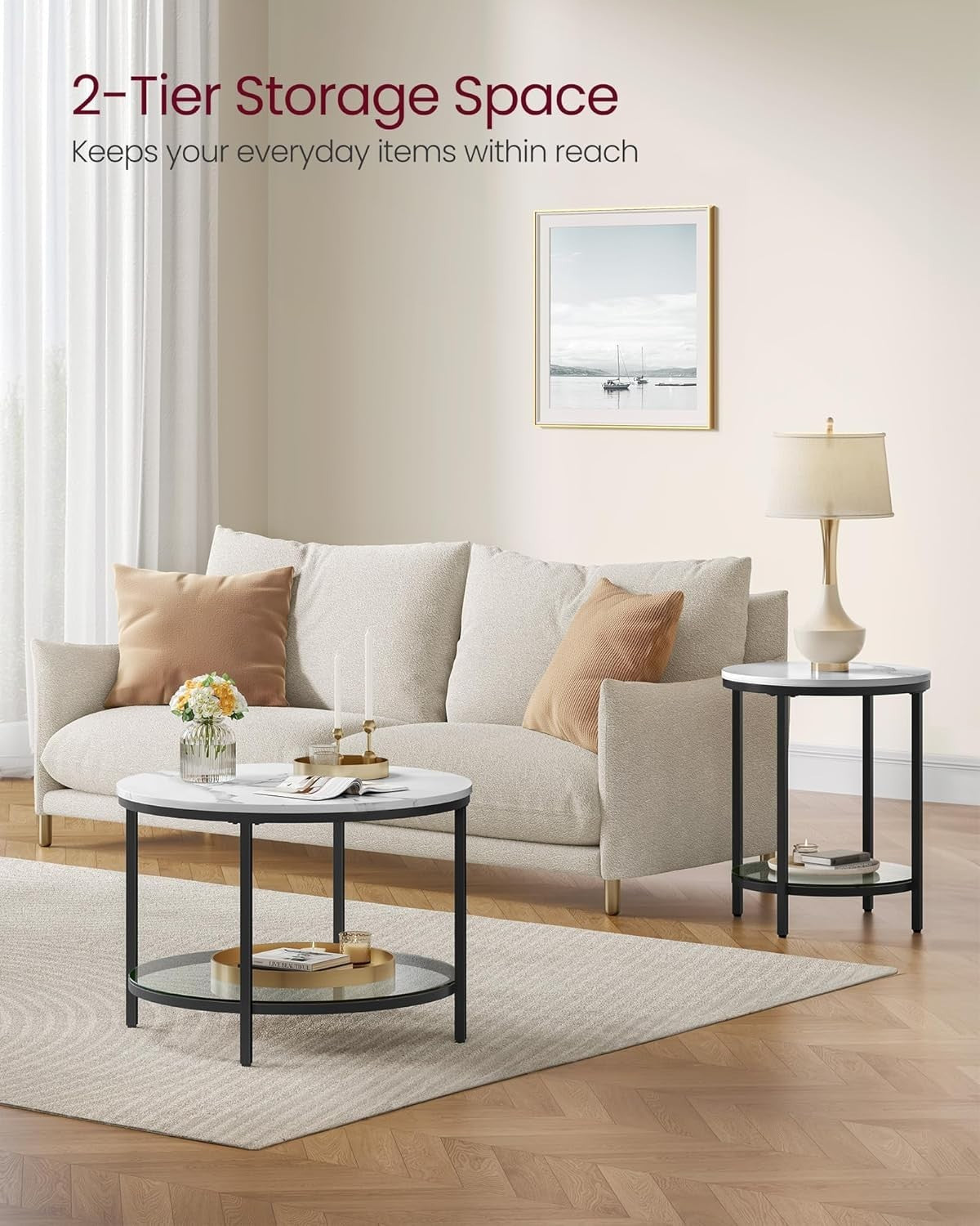 Modern Round Coffee Table with Faux Marble Top & Tempered Glass Shelf