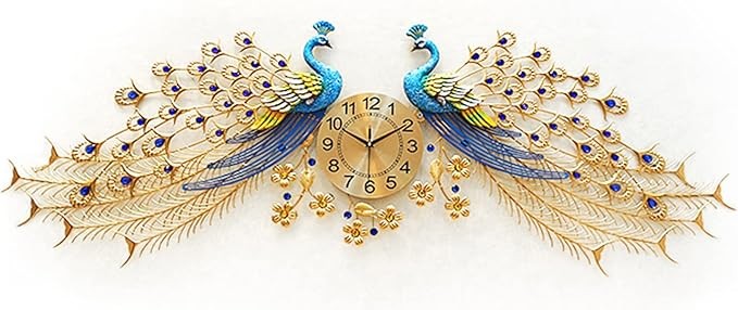 Large Twin Peacock Wall Clock 156cm Luxury Metal Art Silent Modern Home Decor