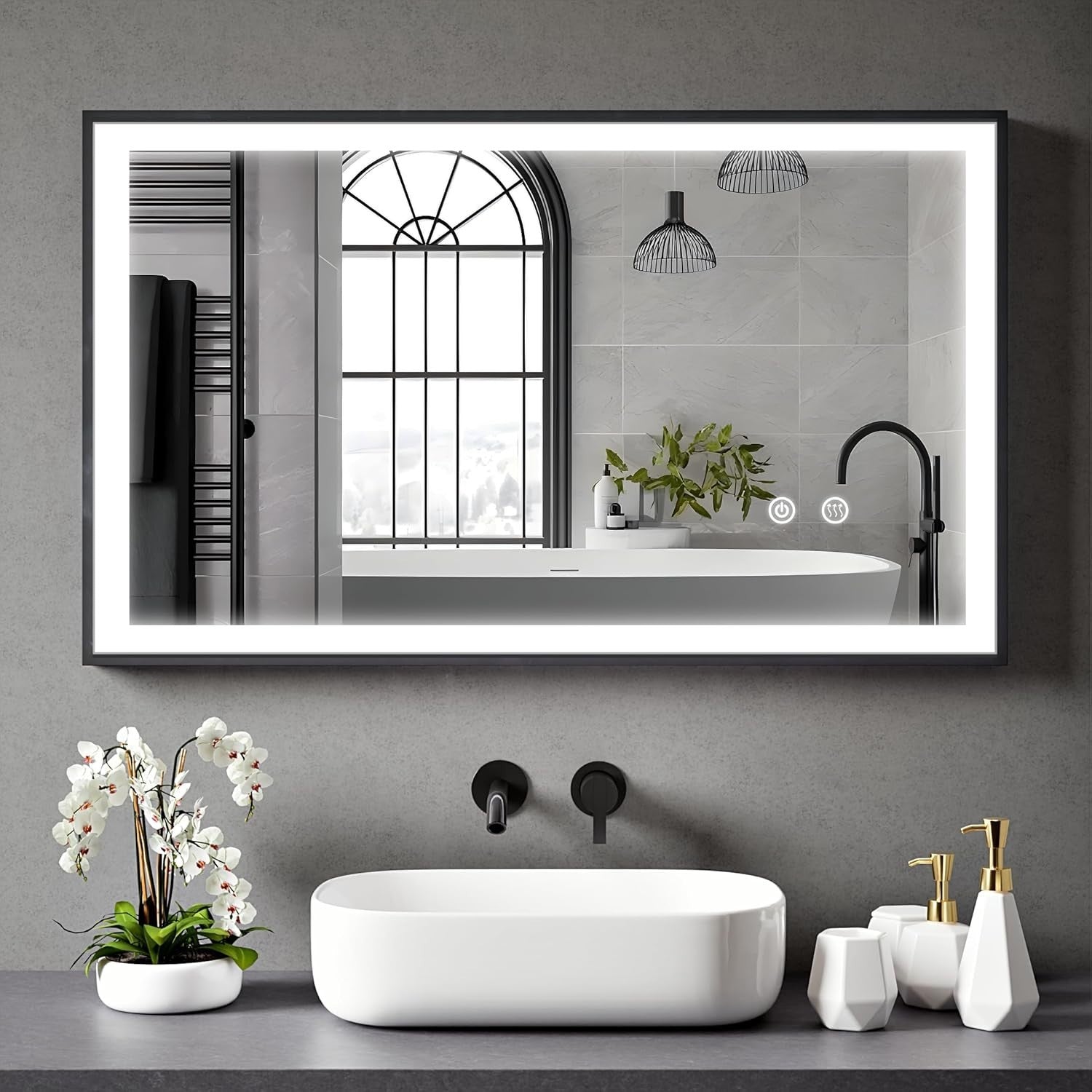 LED Bathroom Mirror 100x60cm Black Frame Dimmable Anti-Fog Touch Control