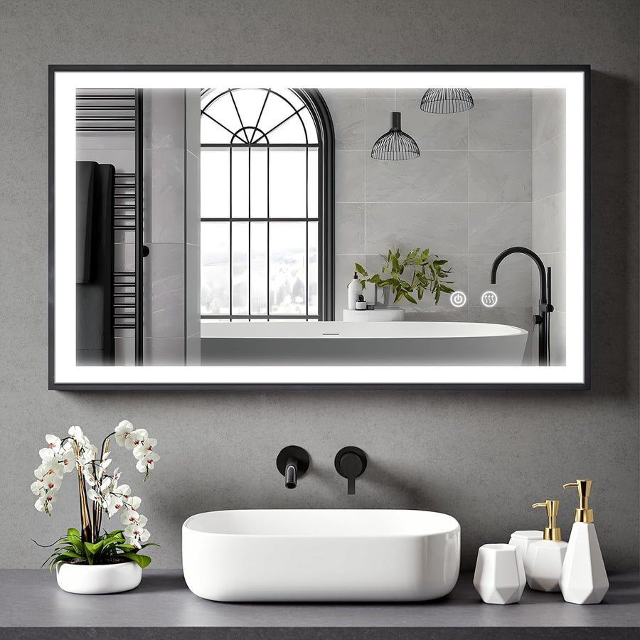 LED Bathroom Mirror 100x60cm Black Frame Dimmable Anti-Fog Touch Control