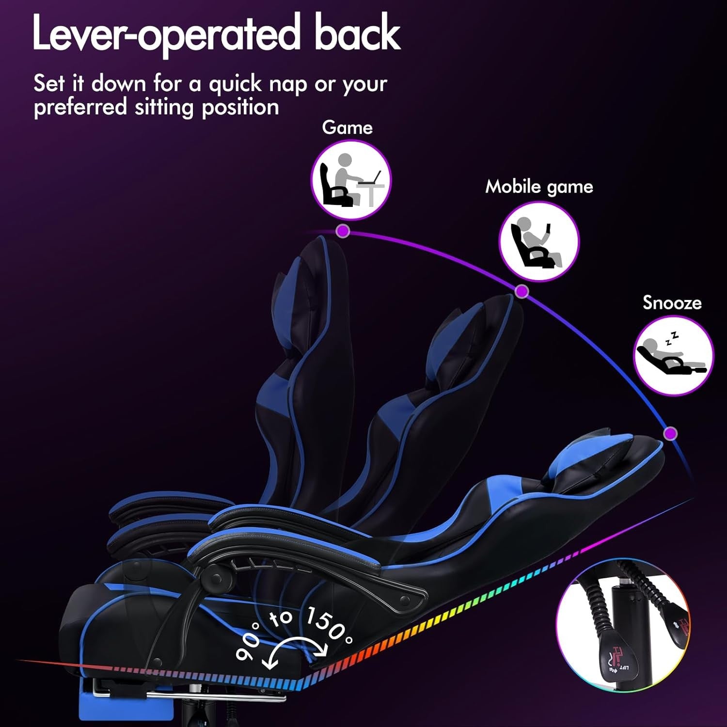 Blue Massage Gaming Chair Recliner w/ Footrest 150° Swivel PU
