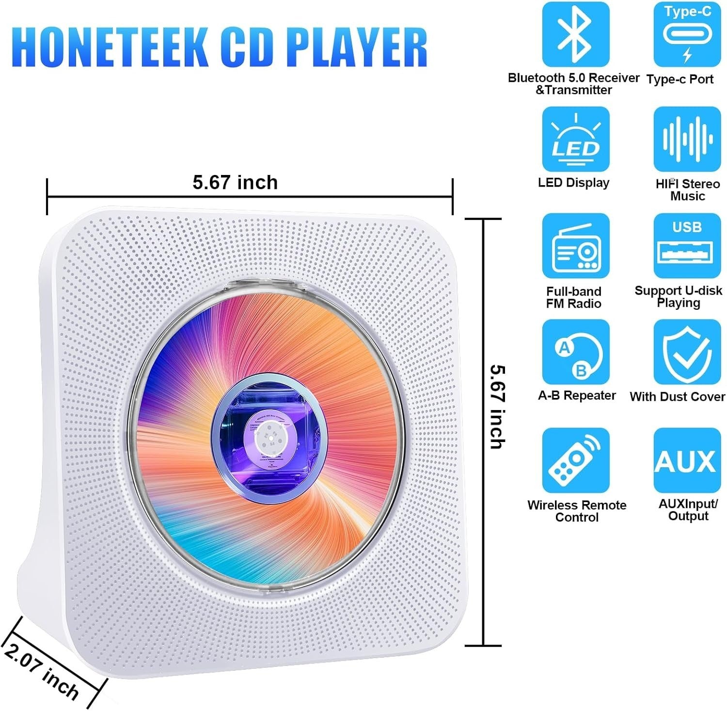 Portable Bluetooth CD Player FM Radio USB AUX HiFi Speakers Remote White