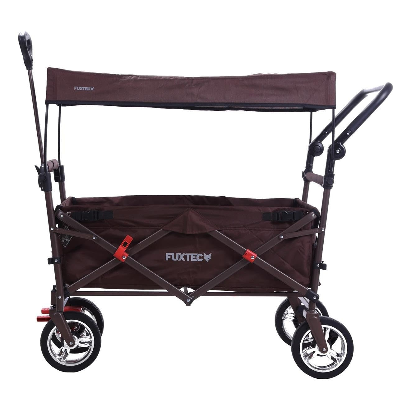 Brown Folding Kids Wagon Canopy Push Pull Cart Outdoor Transport w/ Brakes