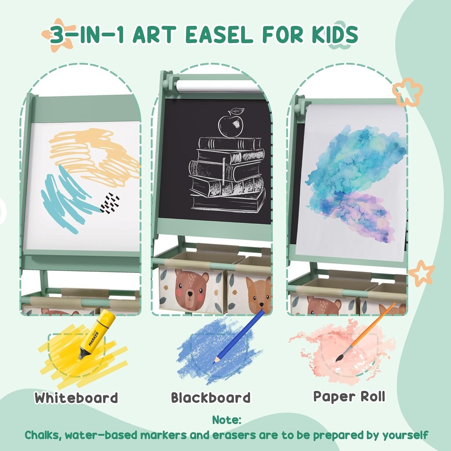Kids Table & Chairs Set with Easel, Chalkboard & Paper Roll, Sturdy Pine