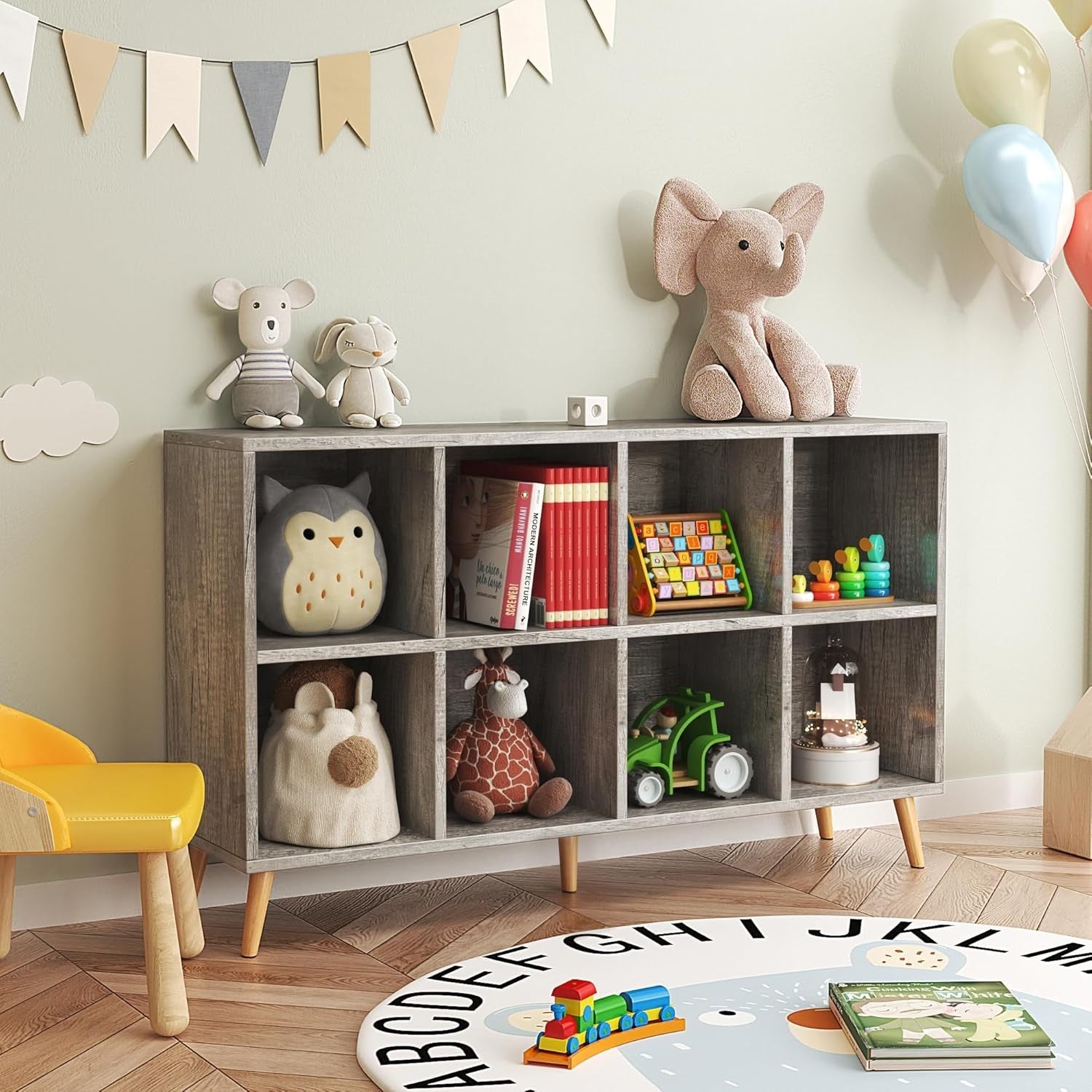 8 Cube Modern Bookcase with Legs Grey Oak Wooden Storage Shelf 120cm
