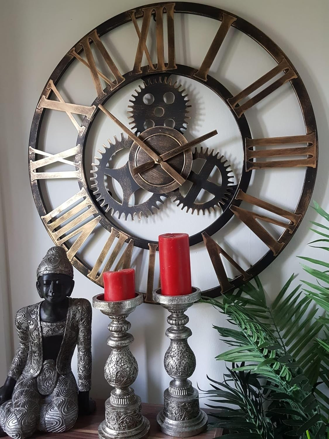 Large Rustic Gold Metal Skeleton Wall Clock - Silent Roman Numerals Decor