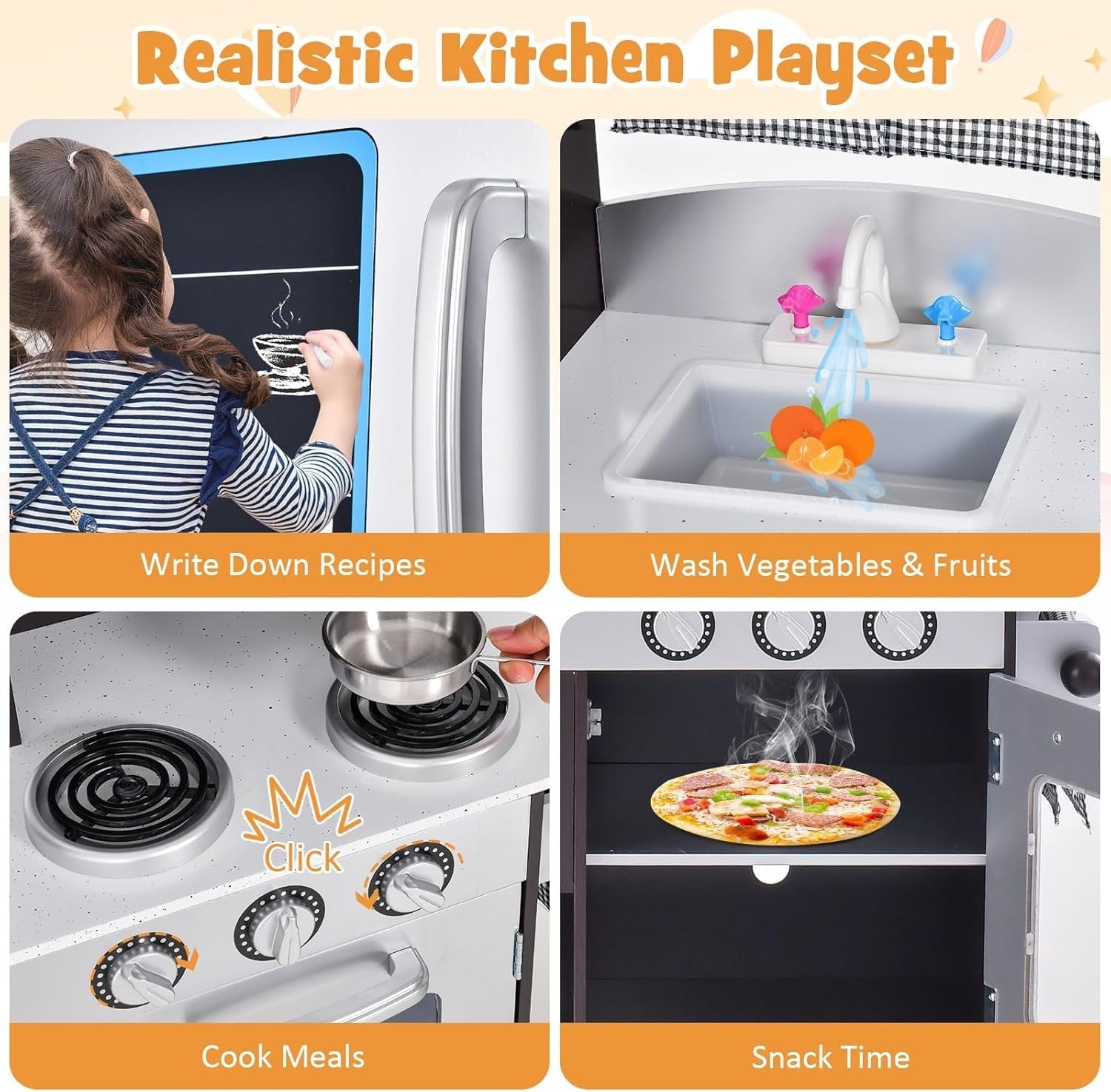 Wooden Kids Play Kitchen Pretend Cooking Set w/ Fridge Oven Sink
