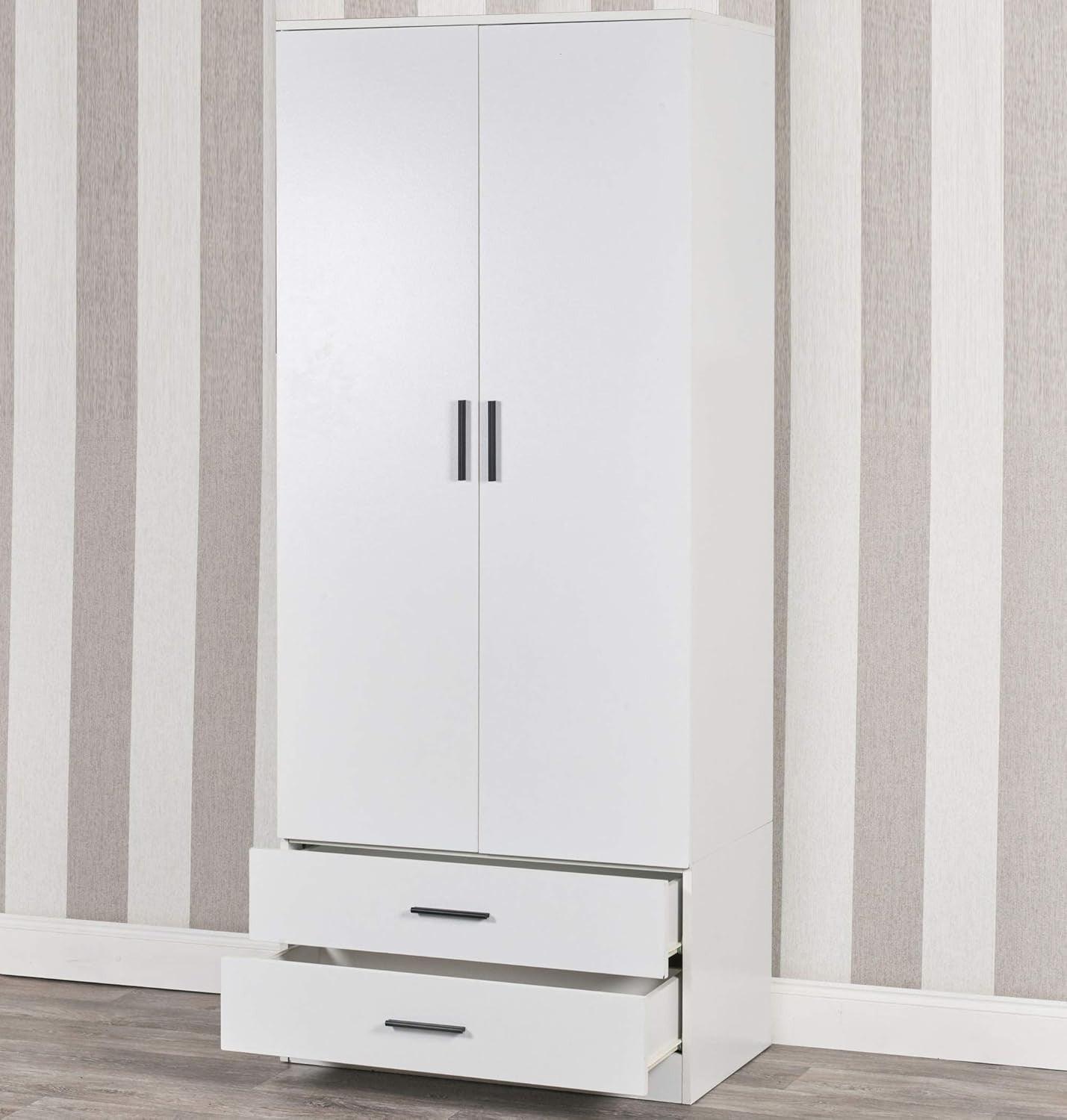 2 Door Wardrobe White Drawers Bedroom Storage Cabinet with Hanging Rail