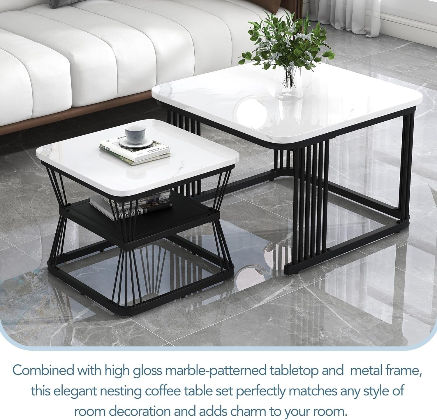 2-in-1 Nesting Coffee Tables, Square Marble White Top, Metal Frame, Space-Saving