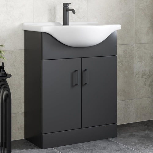 650mm Matt Black Vanity Sink Unit – Bathroom Basin Cabinet with Soft Close Doors