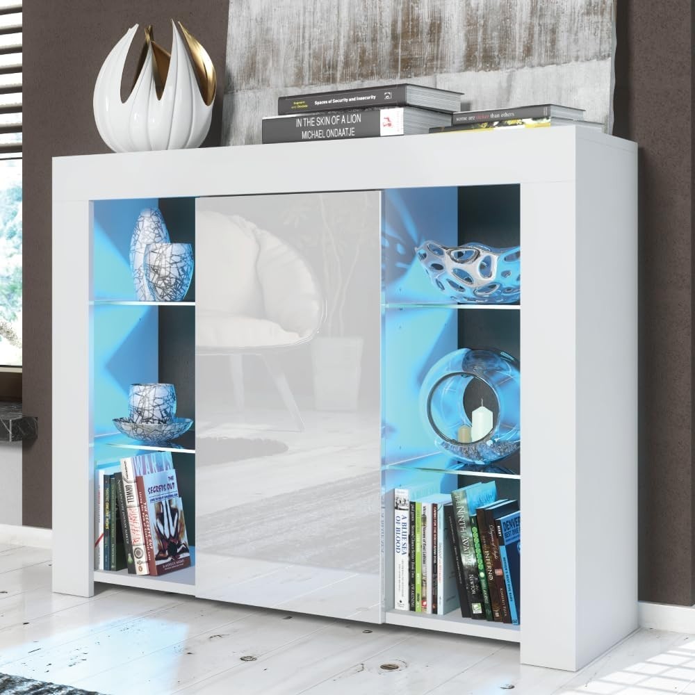 LED Sideboard Cabinet Gloss White Display Unit Glass Shelves Modern 97cm