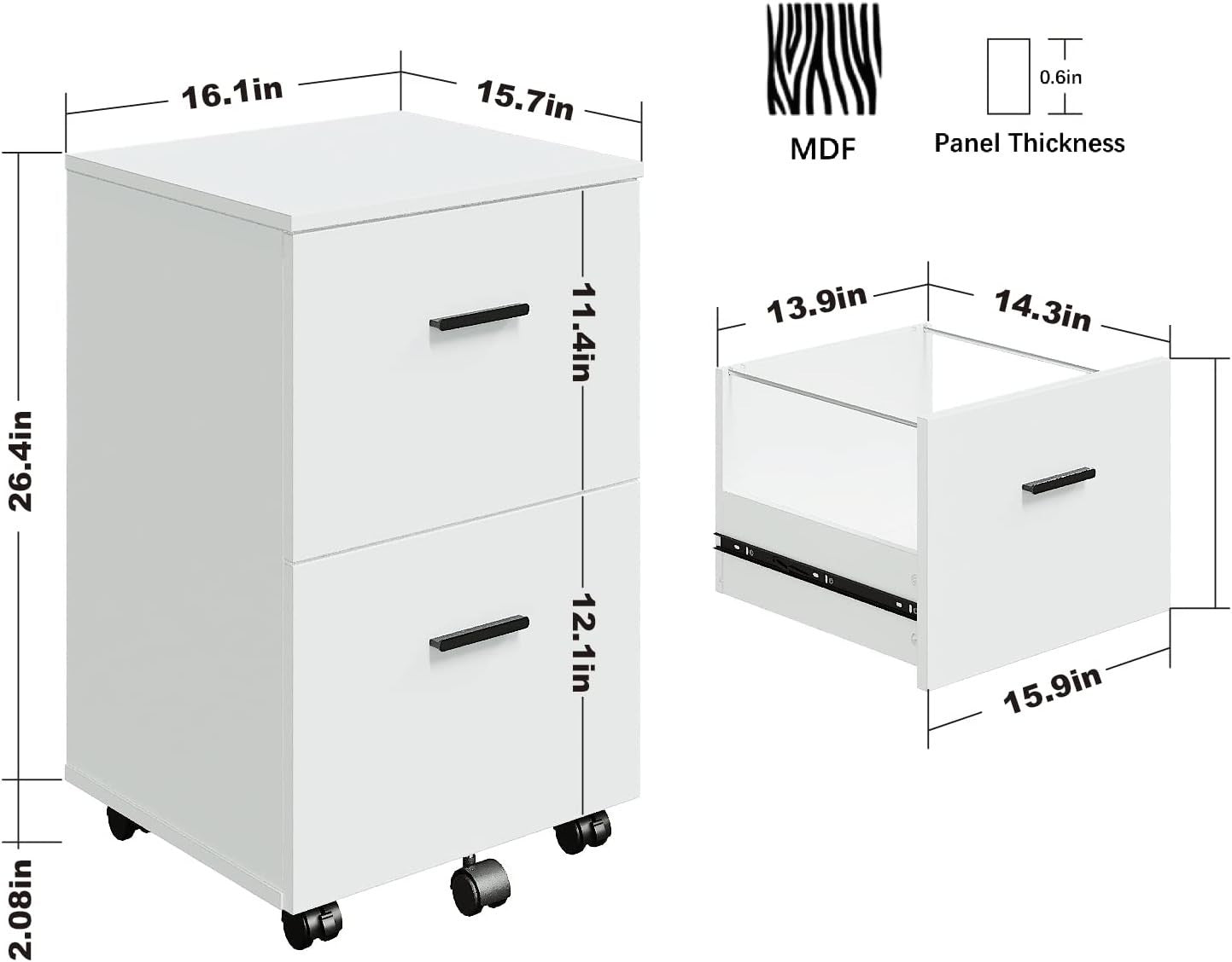 White 2 Drawer Mobile Filing Cabinet Wooden Office Storage on Wheels Home Office