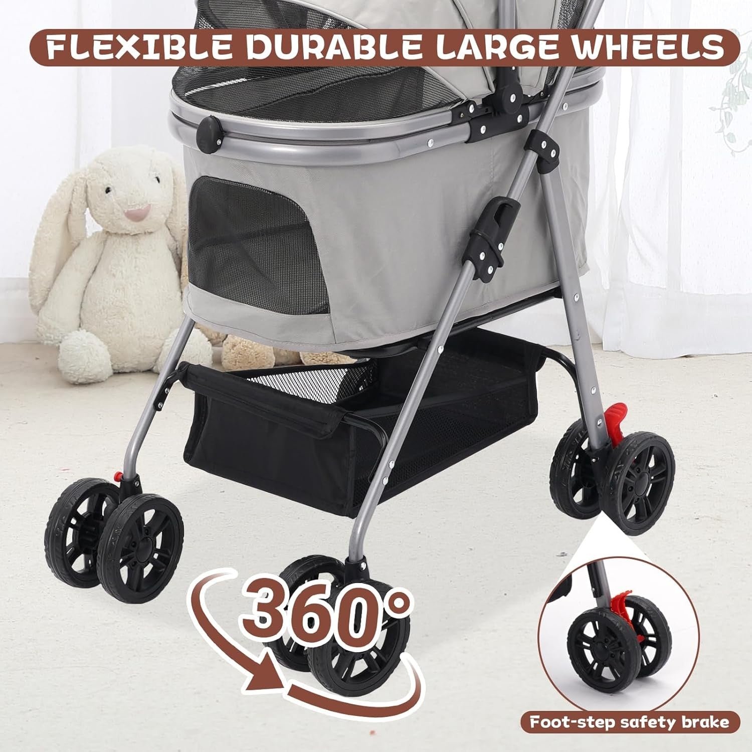 Pet Travel Stroller 3 in 1 Dog Cat Pushchair Folding Carrier Pram Grey