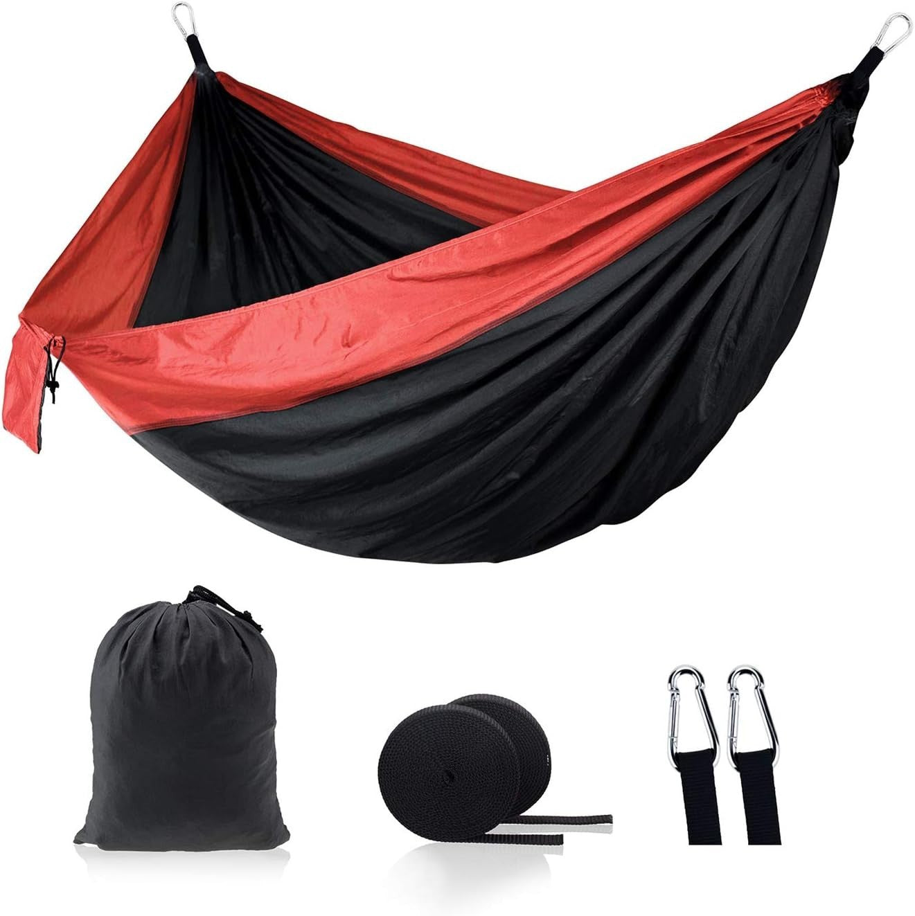 Double Camping Hammock for 2 | Portable Nylon Lightweight, Quick Setup Black Red