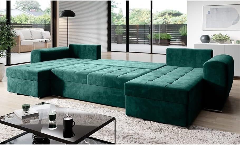 U-Shape Sofa Bed with Storage Box & Sleep Function, Velour Green 326cm