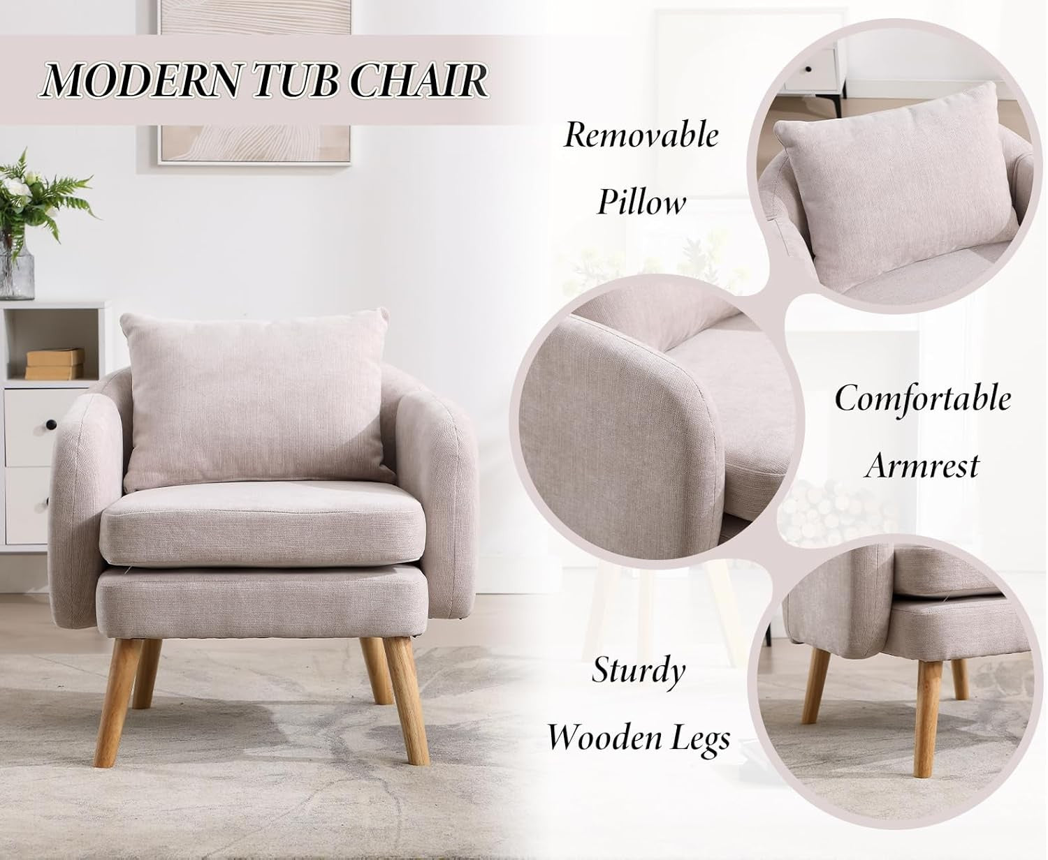 Grey Chenille Tub Chair Upholstered Accent Armchair