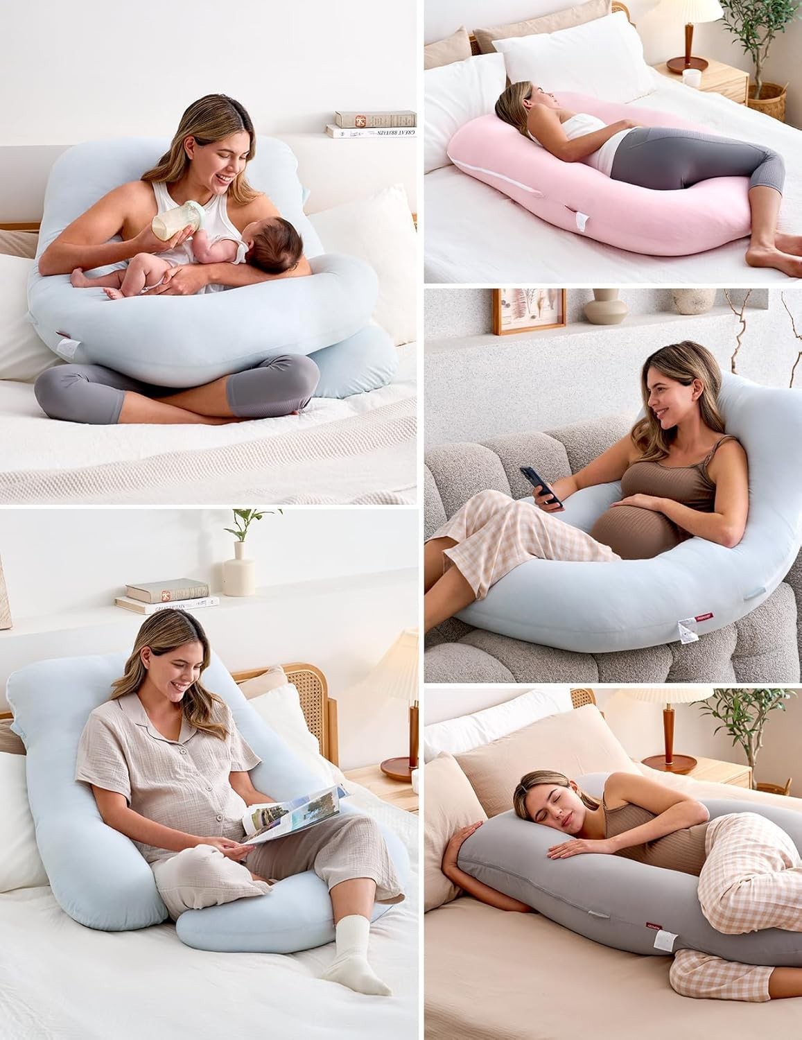 U Shaped Pregnancy Pillow 57" Full Body Maternity Support Jersey Cotton Blue