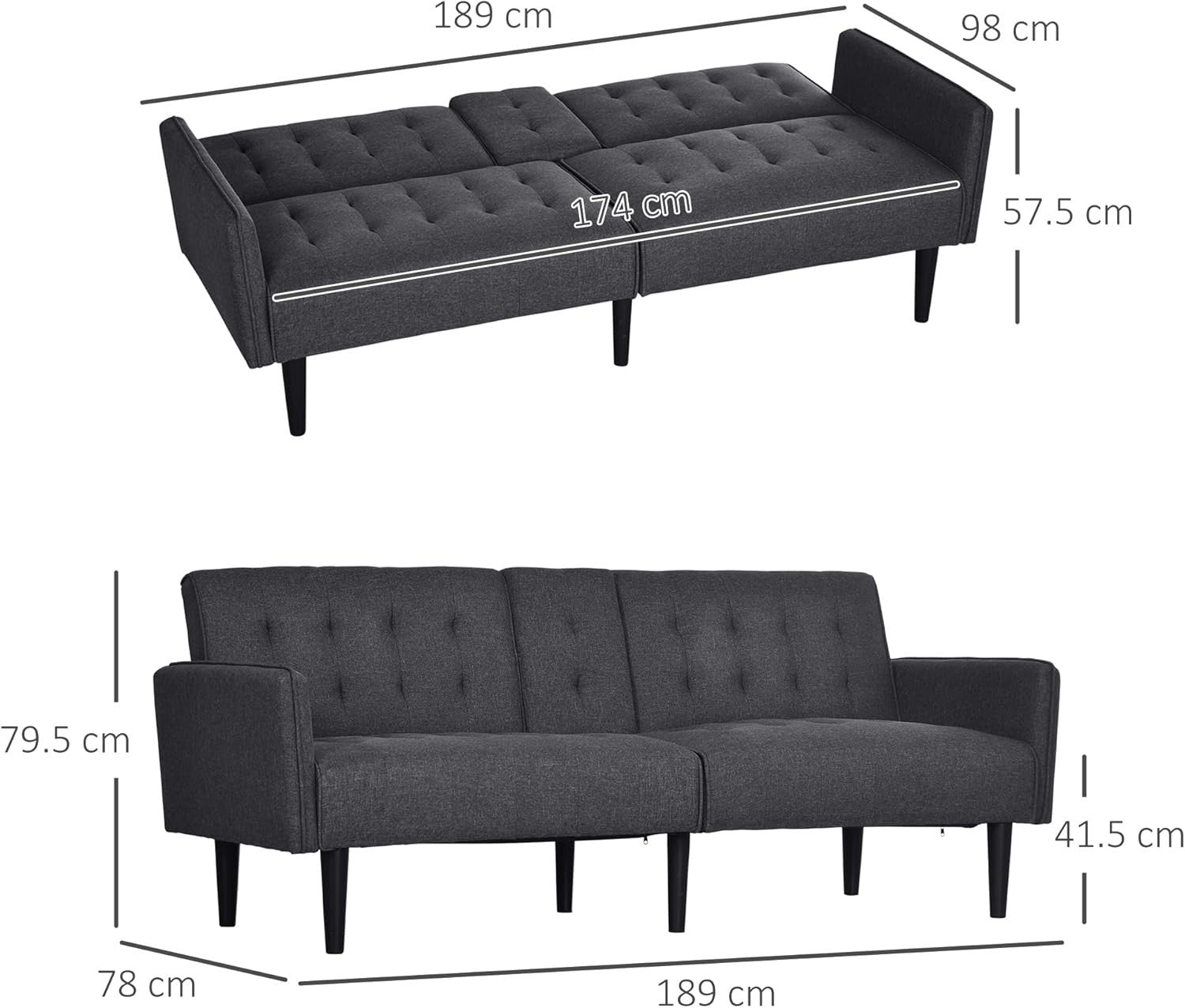 Click Clack Sofa Bed 3 Seater Grey Linen Couch w/ Cup Holders