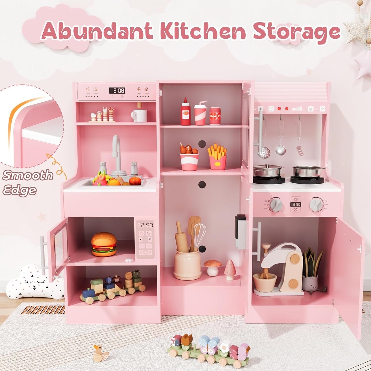 Large Wooden Kids Play Kitchen Pink Lights Sounds Toy Cooking Set