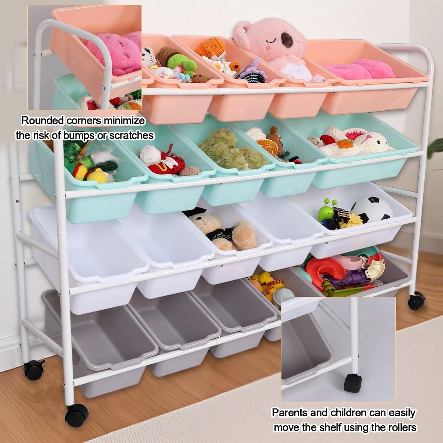 Extra Large Kids Toy Storage Organizer 4 Tier Rack with 20 Bins & Wheels