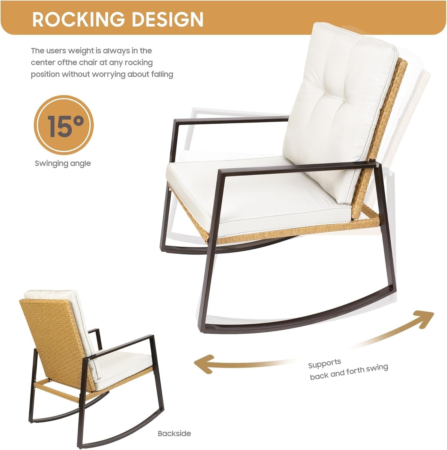 Rocking Rattan Bistro Set 3 Piece Patio Chairs Cushions Glass Table