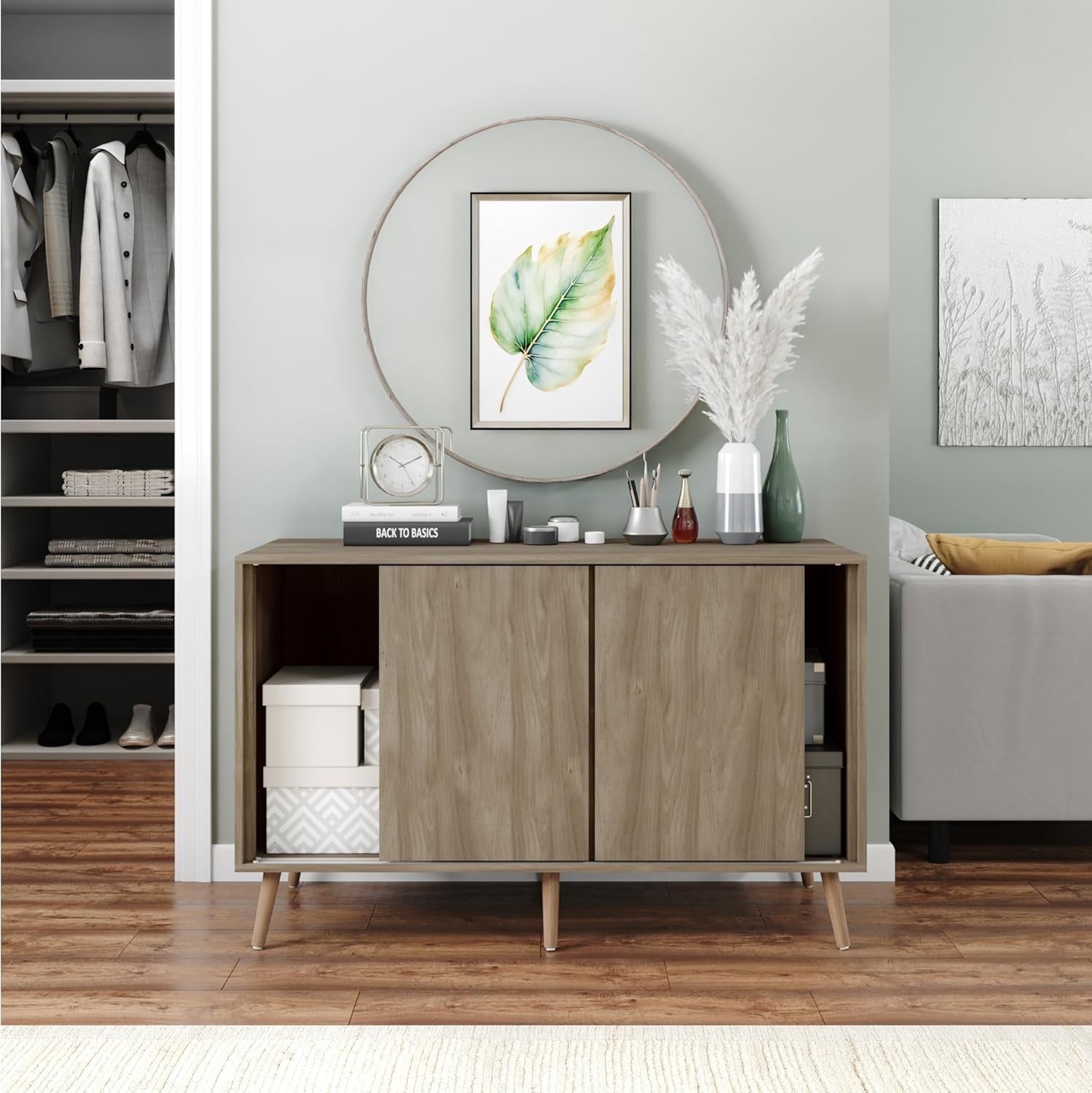 3-Door Sliding Sideboard Cabinet with Wooden Legs Storage Cupboard Modern Home